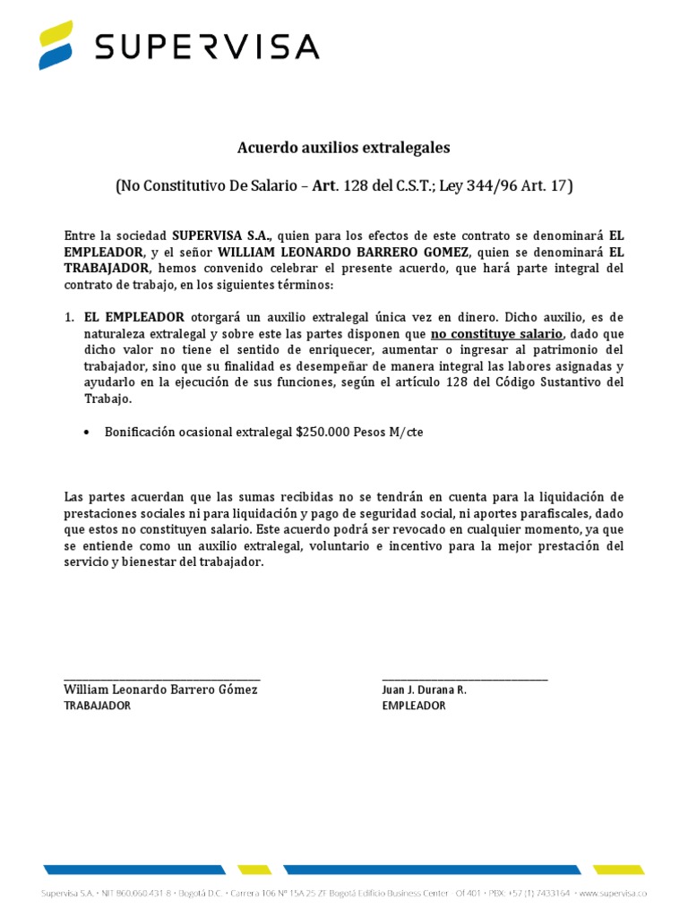 Acta Pagos No Salariales O Extralegales PDF