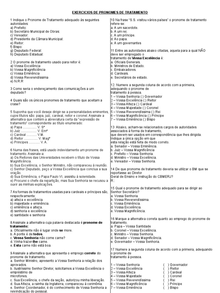 Exercícios sobre Pronomes de Tratamento | PDF | Líder religioso | Papa