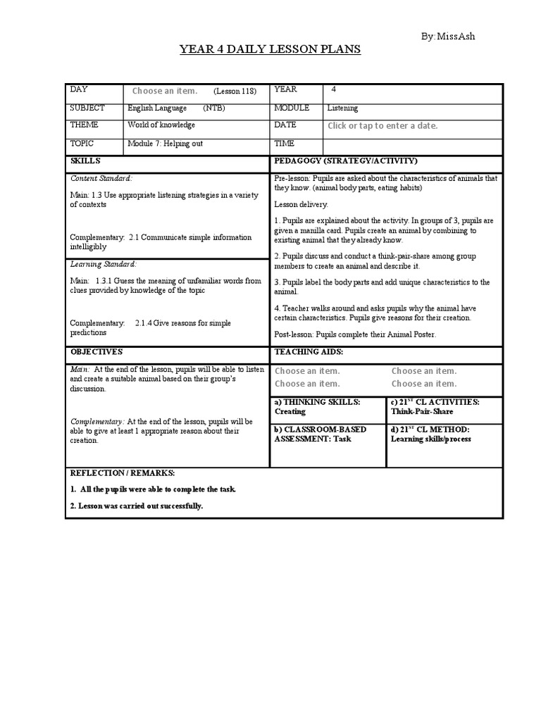 Year 4 Daily Lesson Plans: Choose An Item | PDF | Teachers | Learning
