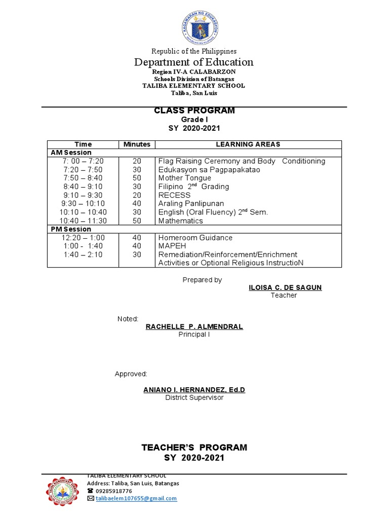 Taliba Elementary School Class Program 2020 | PDF | Teachers | Schools