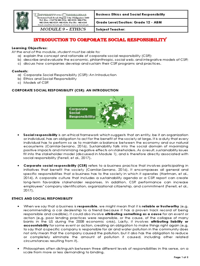 Introduction To Corporate Social Responsibility Module 9 Ethics
