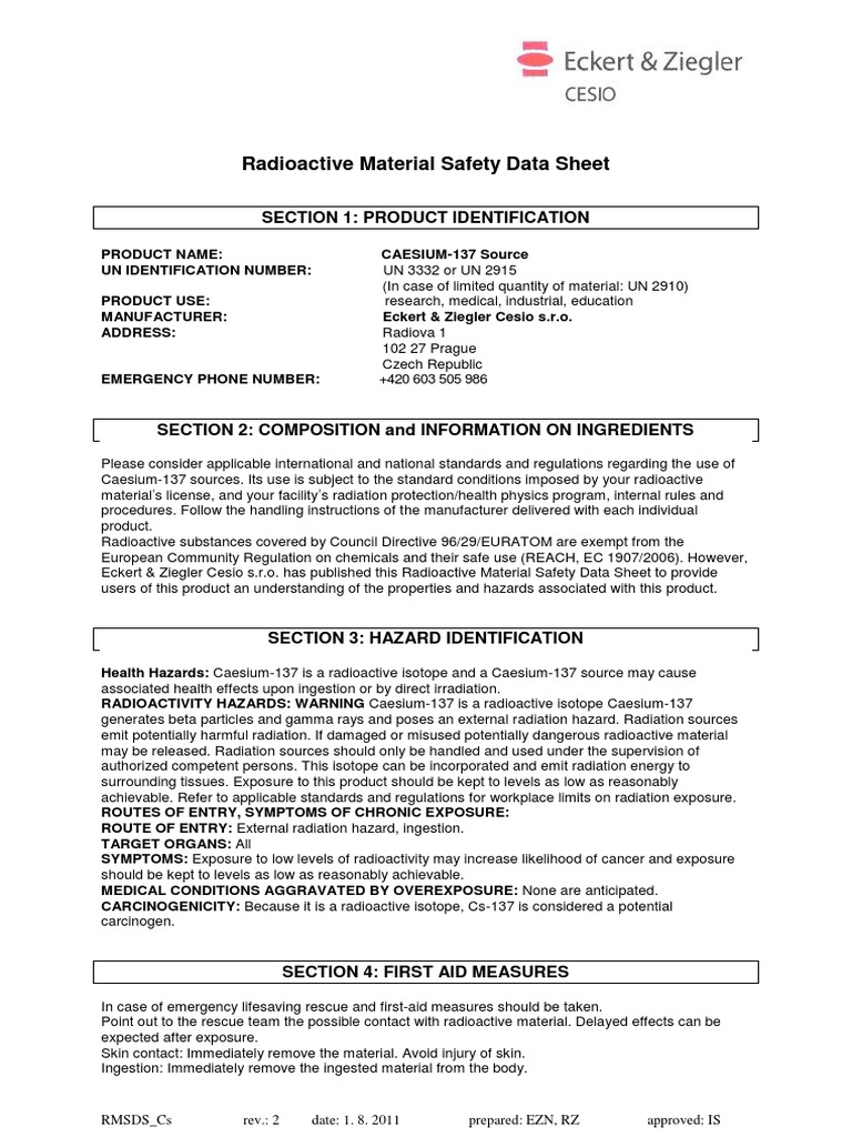 Material Safety Datasheet Cs137 Eckert Ziegler PDF Radiation