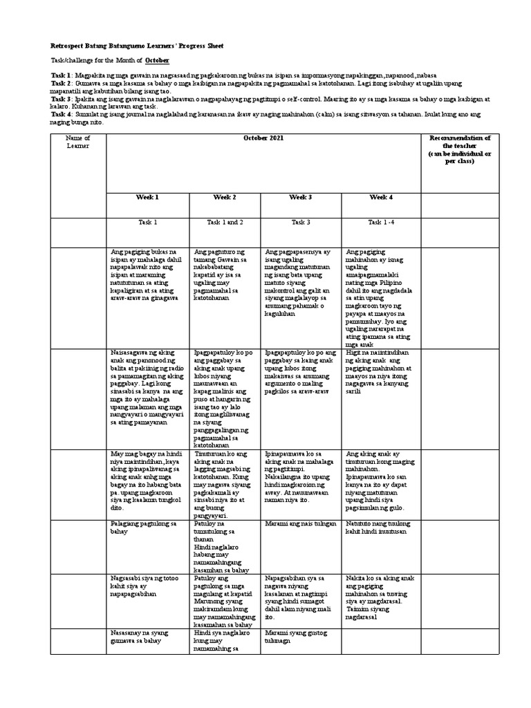 2 RBB Learners Progress Sheet October2021 | PDF