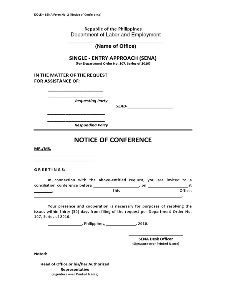 Notice of Conference: Single - Entry Approach (Sena) | PDF