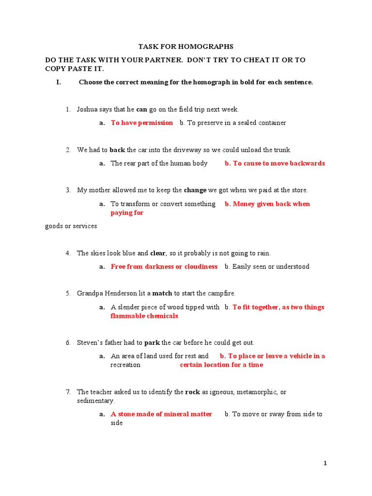 Homograph Meaning Practice Exercise | PDF | Language Arts & Discipline ...
