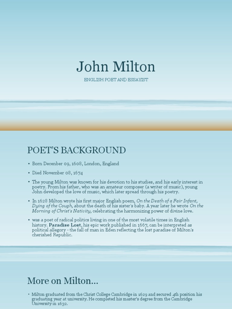 John Milton English Poet and Essayist PDF John Milton Poetry