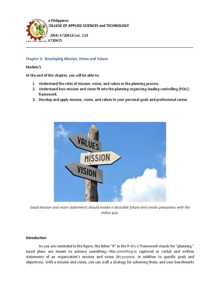 Module 5 Developing Mission, Vision, and Values | PDF | Organizational ...