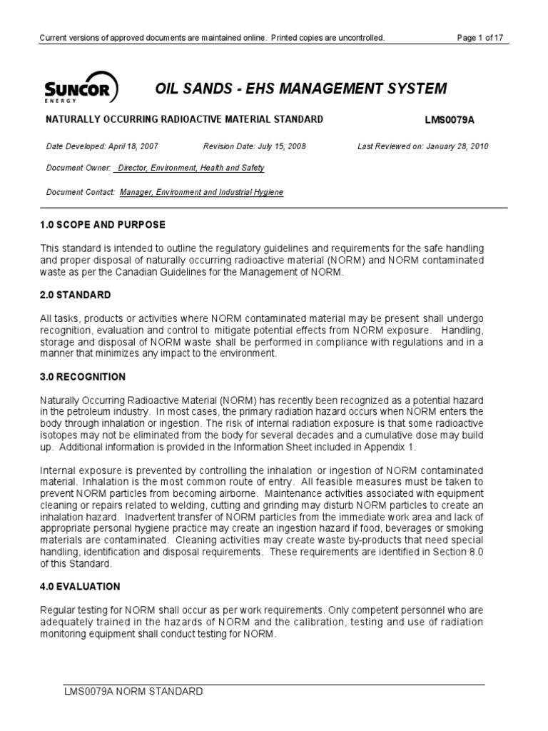 NORM Management Standard for Oil Sands | PDF | Radioactive ...
