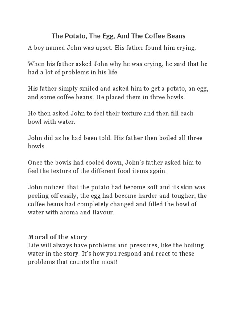 The Potato, The Egg, and The Coffee Beans Moral of The Story PDF Hare