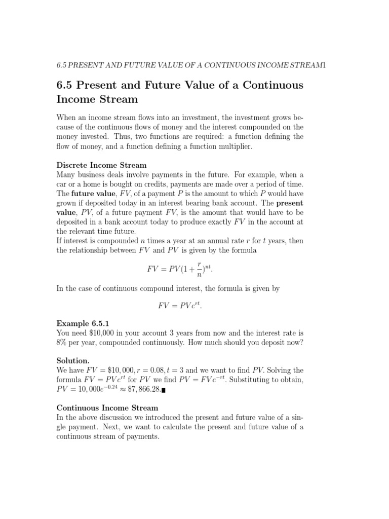 6.5 Present and Future Value of A Continuous Income Stream | PDF ...