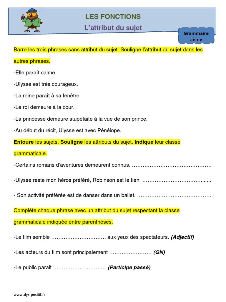 L attribut Du Sujet Exercices Corrigés Pdf Exercices Attribut Du Sujet | PDF