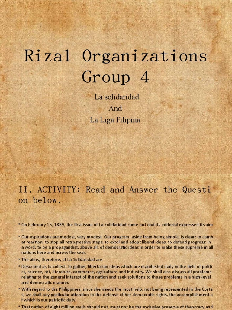 Rizal Organizations Group 4: La Solidaridad and La Liga Filipina | PDF ...