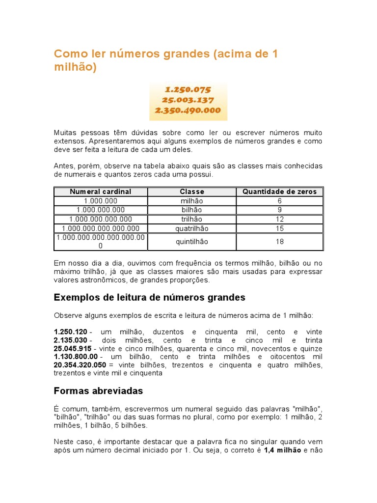 Como Ler Números Acima de 1 Milhão | PDF