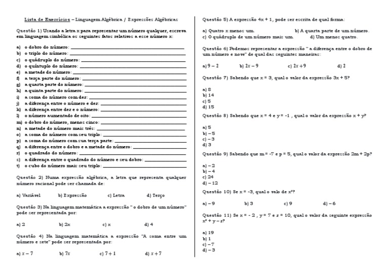 Exercícios de Expressões Algébricas 7º Ano | PDF | Números | Matemática