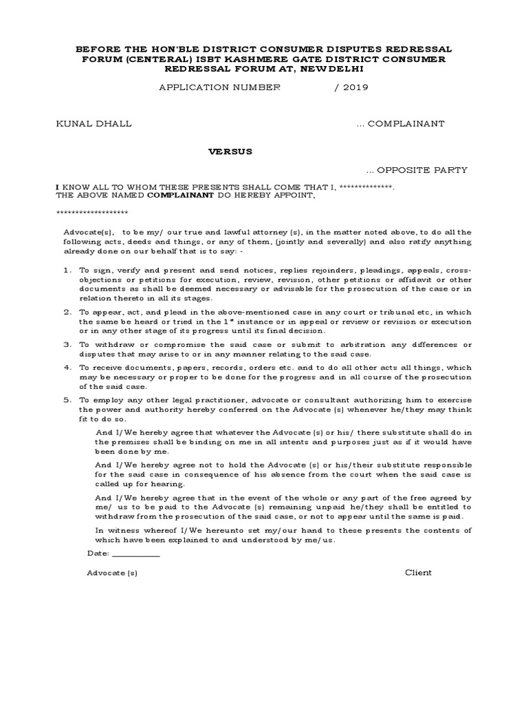 Vakalatnama for Consumer Court | PDF | Advocate | Government