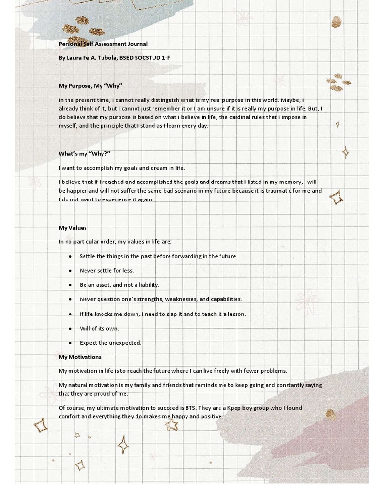 Personal Self Assessment Journal by Laura Fe A. Tubola, BSED SOCSTUD 1