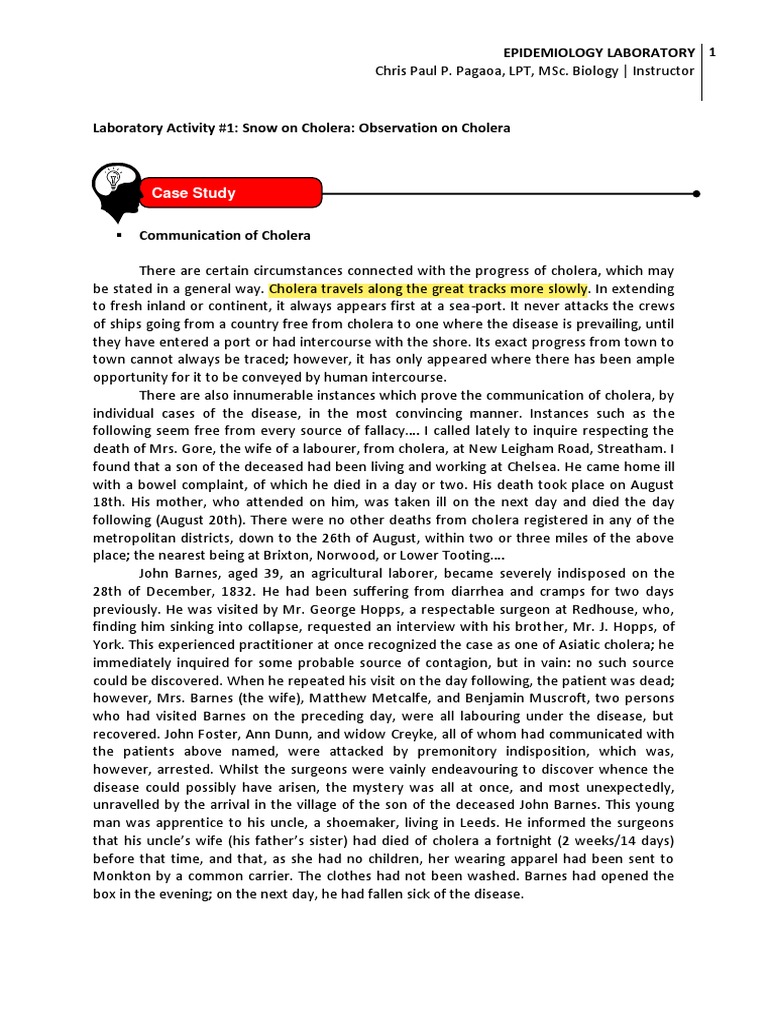 Case Study Epidemiology Laboratory PDF Cholera Epidemiology