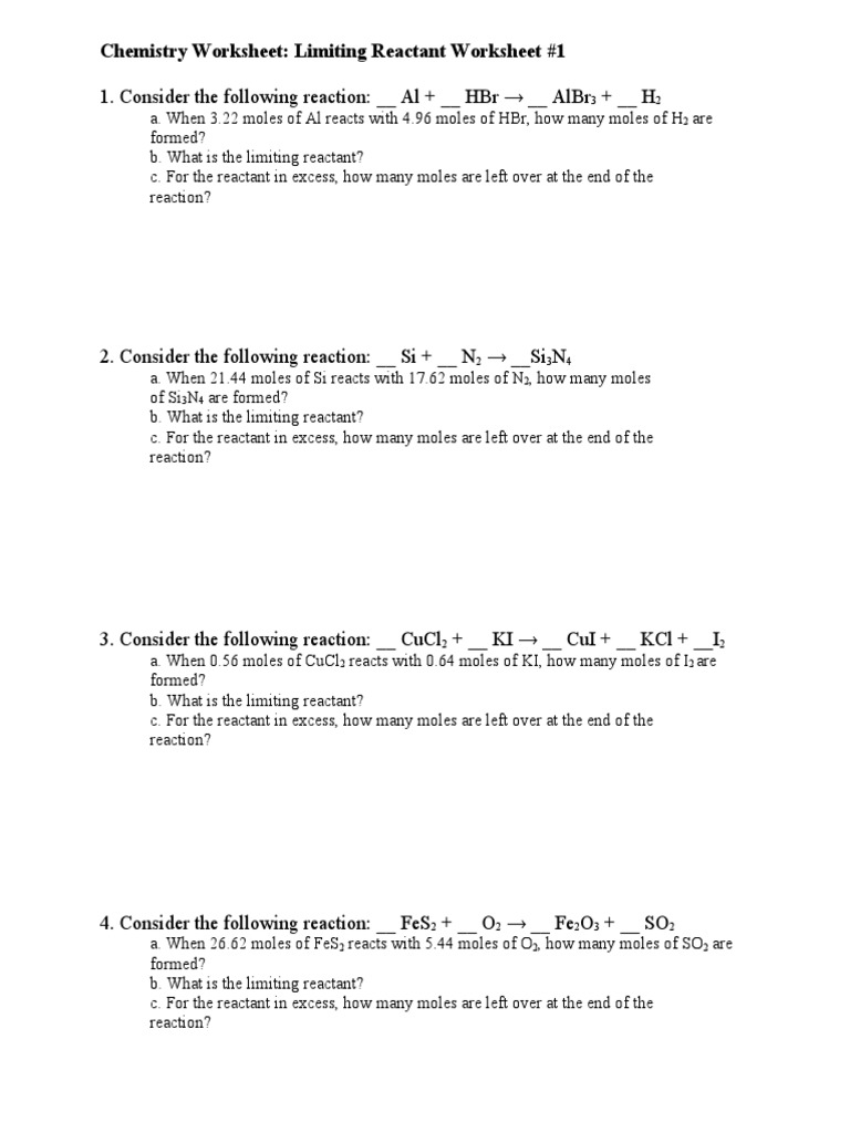 Limiting Reactant Practice Worksheet #1 | PDF | Mole (Unit) | Change
