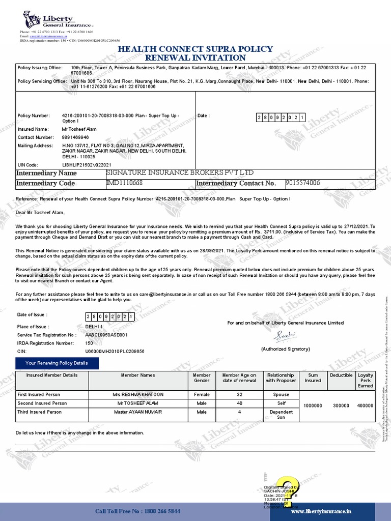 Health Connect Supra Policy Renewal Invitation Signature Insurance