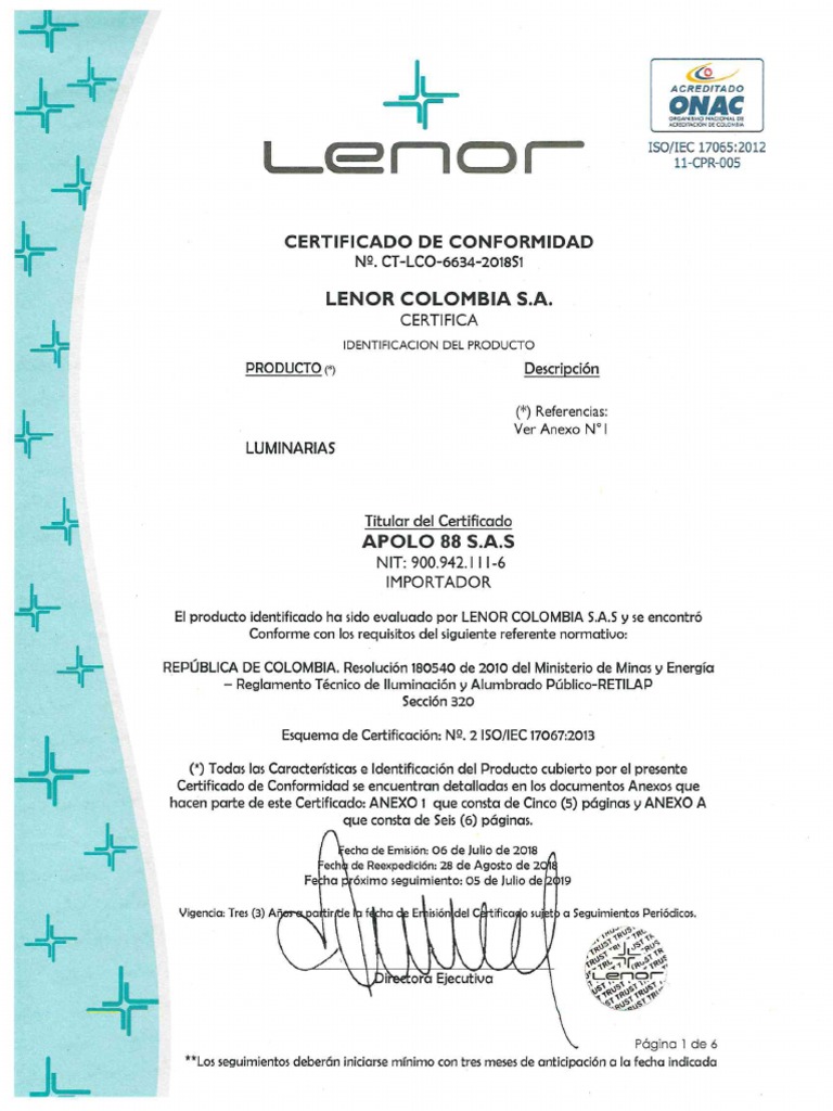Certificado Iluminacion Lumistar | PDF