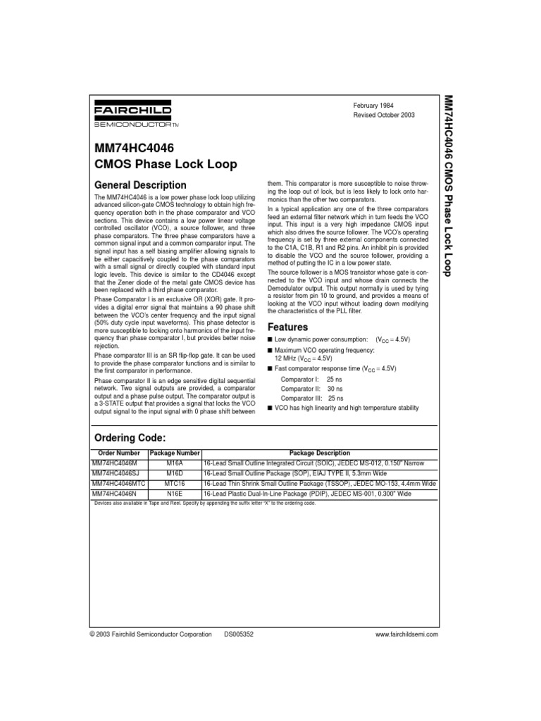 MM74HC4046 CMOS Phase Lock Loop General Description PDF Detector