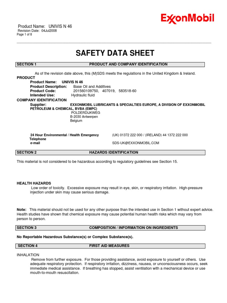 A0006102 MSDS Hydraulic Oil EN PDF Waste Management Toxicity