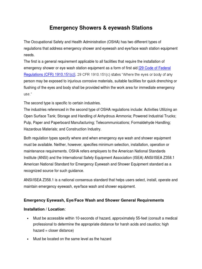 OSHA and ANSI Emergency Eyewash, Eye/Face Wash and Shower Requirements