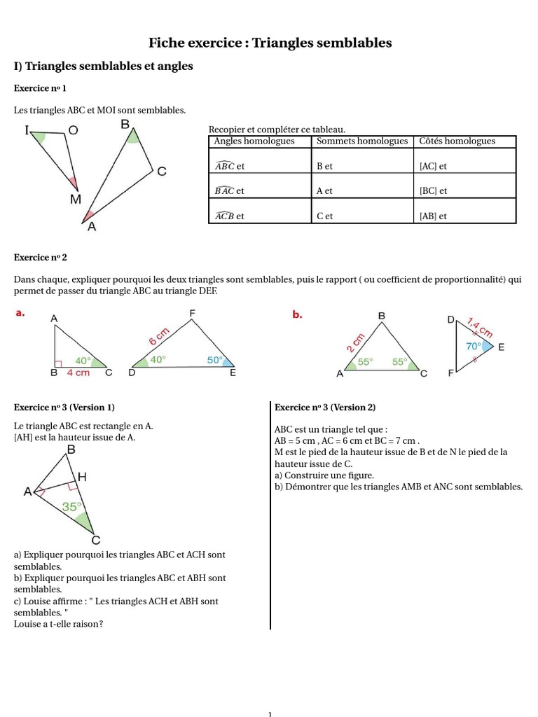 Exercice Triangle Semblable 4ème Avec Correction Fiche Exercice | PDF | Triangle | Objets géométriques