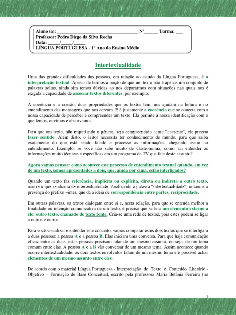 Exemplos de Intertextualidade no Ensino Médio | PDF | Intertextualidade ...
