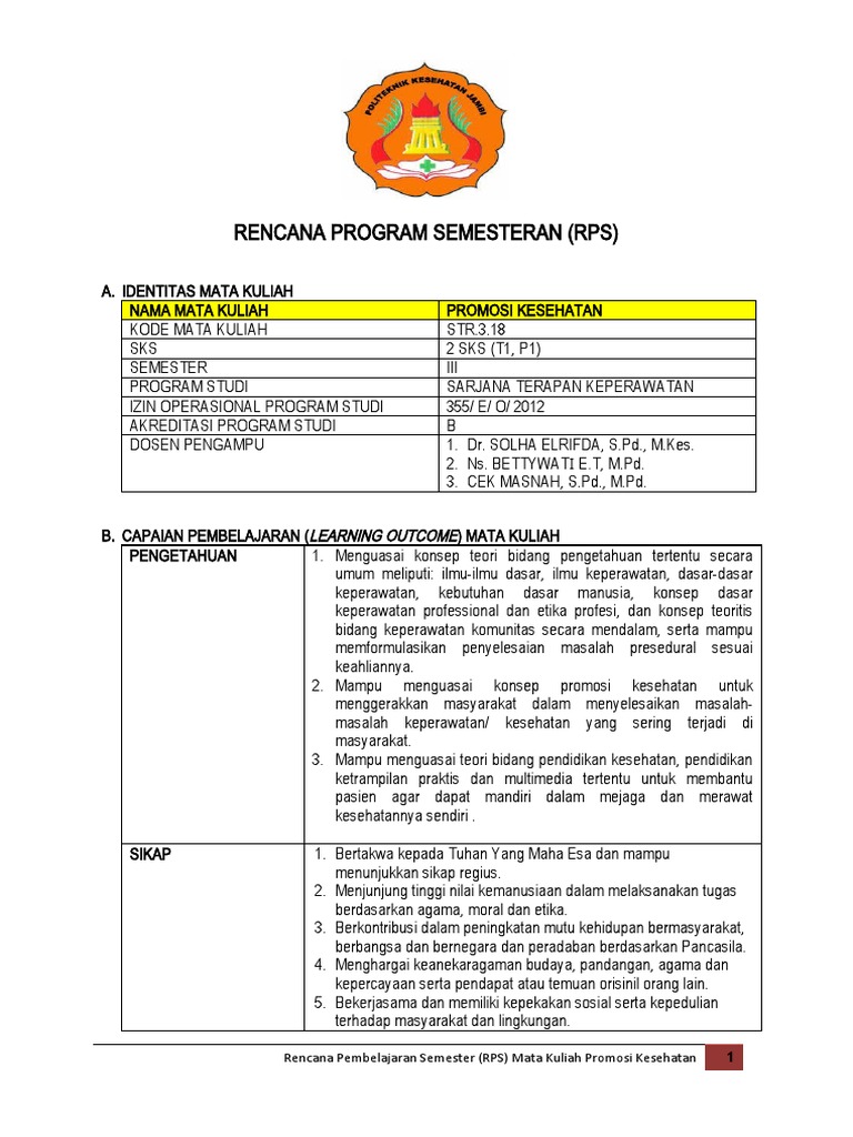 RPS Mata Kuliah Promosi Kesehatan | PDF