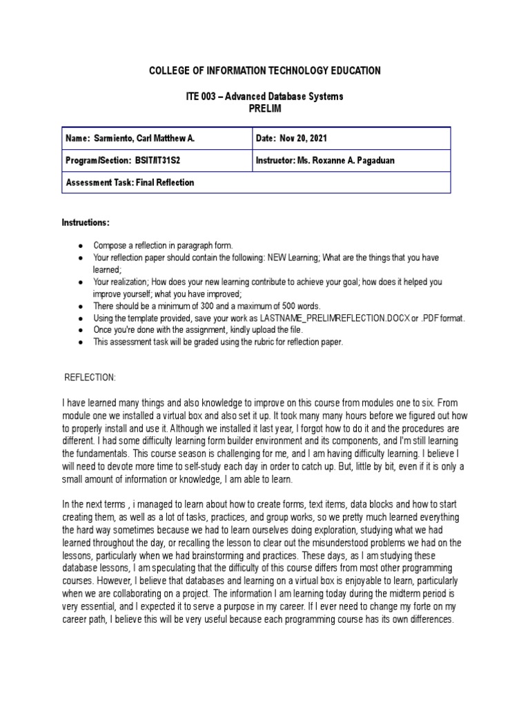 Reflection on Advanced Database Learning | PDF | Learning | Pedagogy