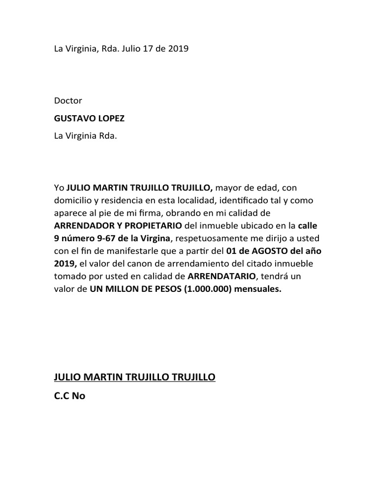 Carta de Aumento de Arriendo PDF