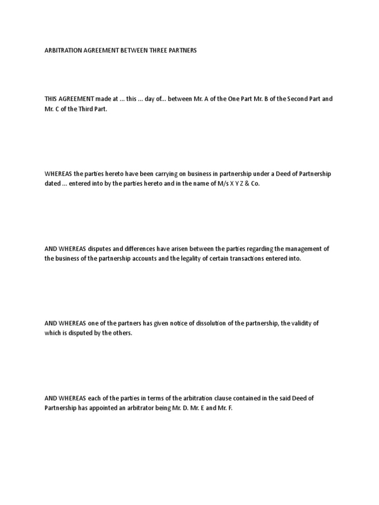 Arbitration Agreement for Partnership Disputes | PDF | Arbitration ...