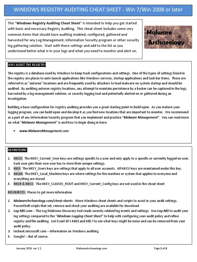 Windows Registry Auditing Cheat Sheet | PDF | Windows Registry ...