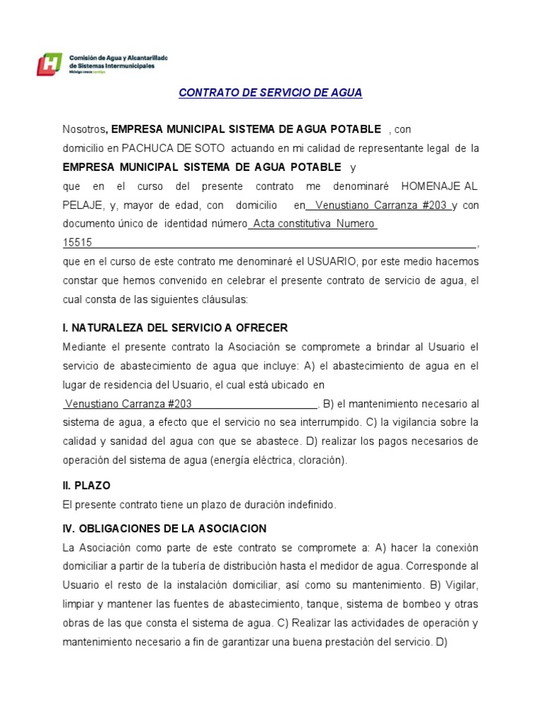 Contrato de Servicio de Agua Potable | PDF | Agua | Red de ...