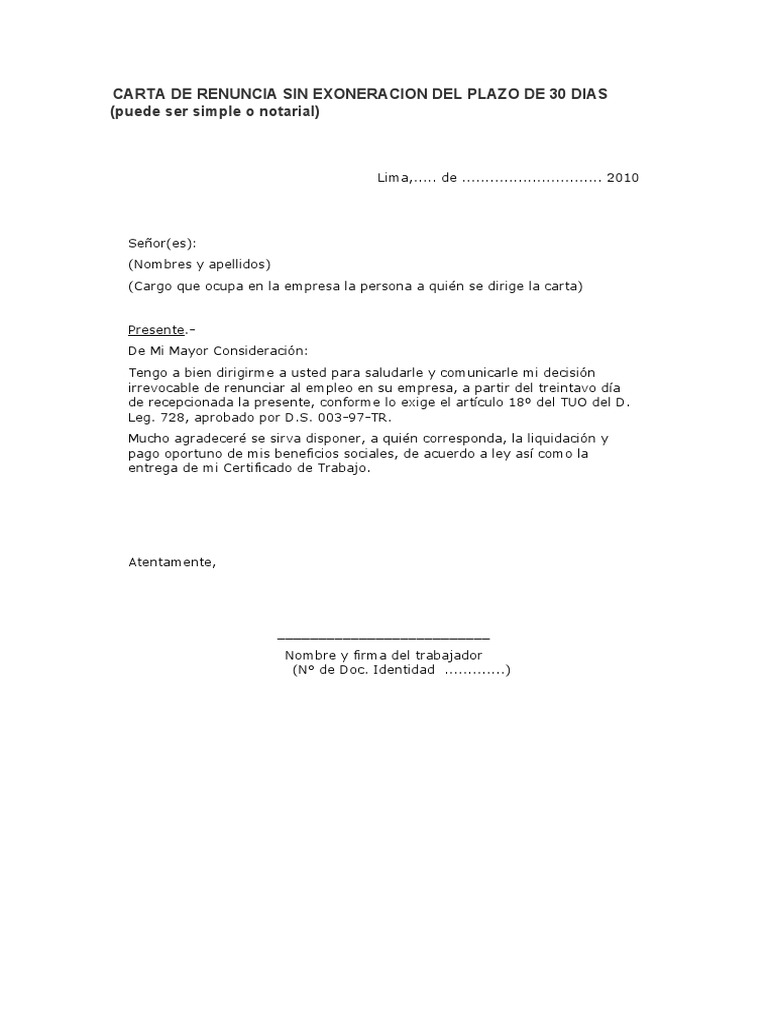 Carta de Renuncia Sin Exoneracion Del Plazo de 30 Dias