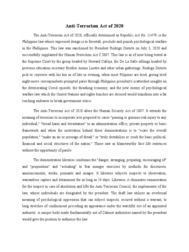 AntiTerrorism Act of 2020 | PDF | Criminal Law | Crime & Violence
