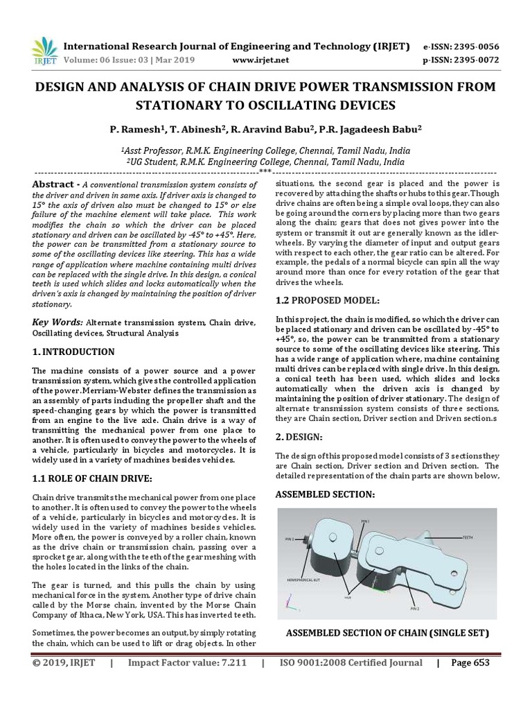 Design and Analysis of Chain Drive Power Transmission From Stationary