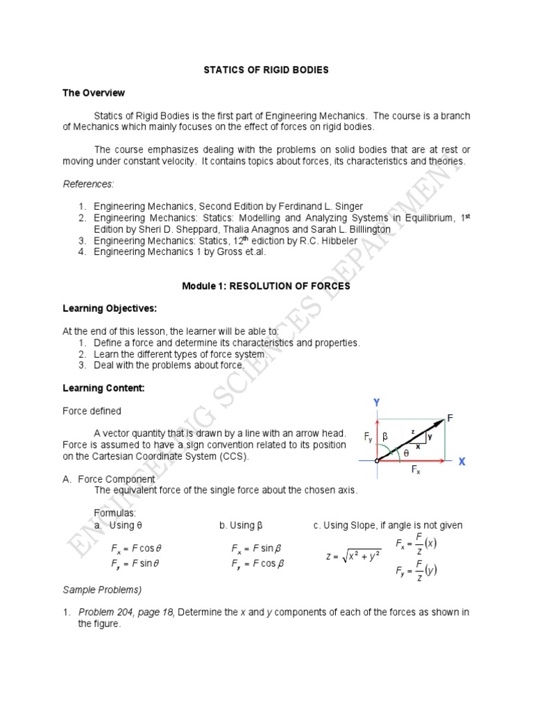 Statics of Rigid Bodies The Overview: References | PDF | Force | Friction