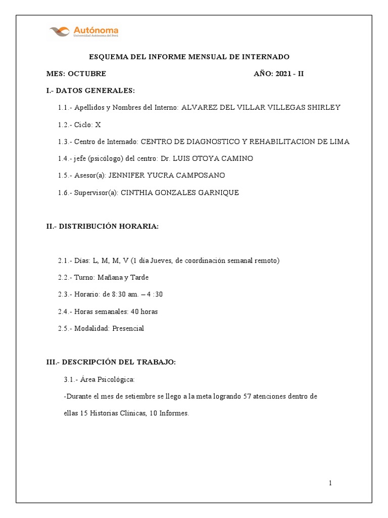 Formato de Informe Mensual Octubre PDF Desarrollo personal