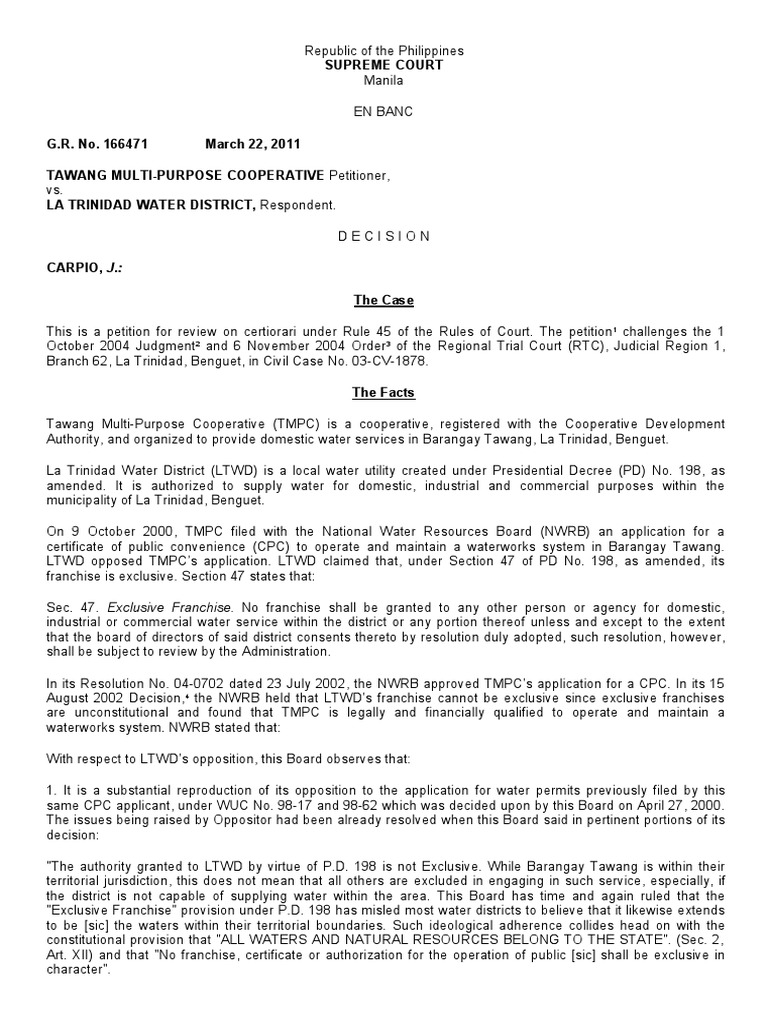 Tawang MultiPurpose Cooperative vs. La Trinidad Water District (G.R NO