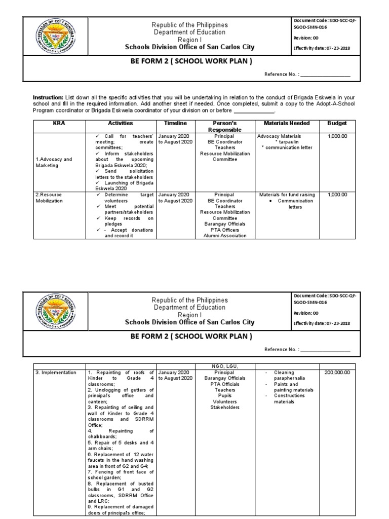 Brigada Eskwela Form 2 Work Plan | PDF