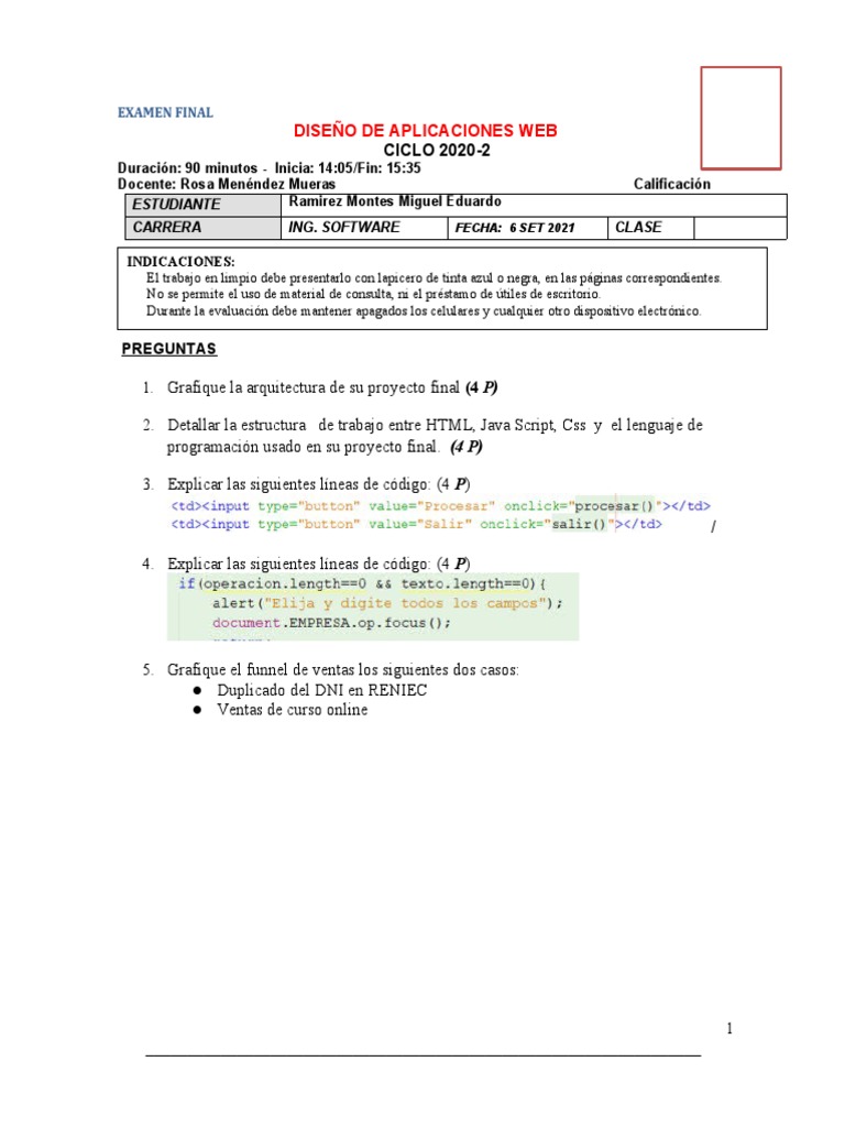 Examen Final: Diseño Web 2020-2 | PDF | HTML | Script Java