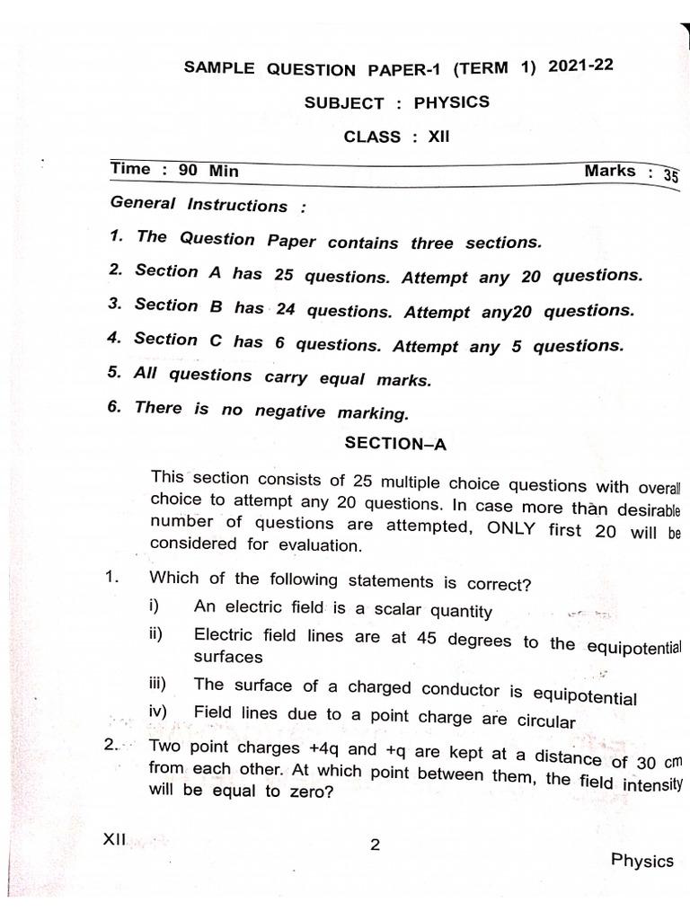Class 12TH Phy Sample Papers | PDF