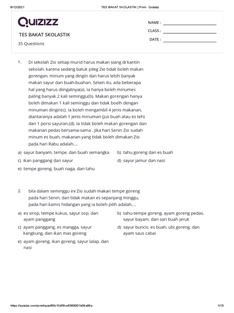 Tes Bakat Skolastik Print Quizizz PDF