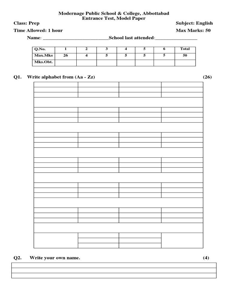 Nursery Class Exam Paper PDF