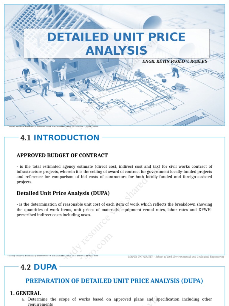 Detailed Unit Price Analysis (DUPA) Guide | PDF | Cost | Specification ...