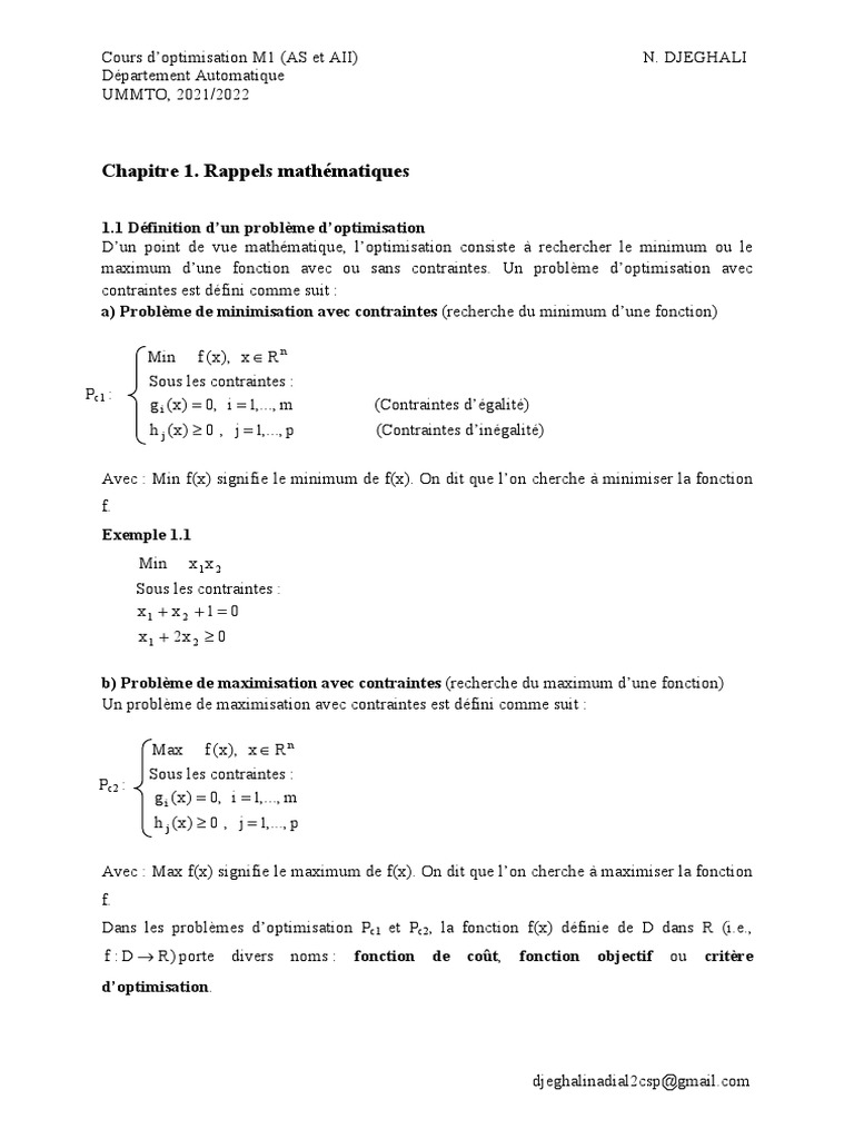 Cours d'Optimisation Mathématique M1 | PDF | Optimisation mathématique ...