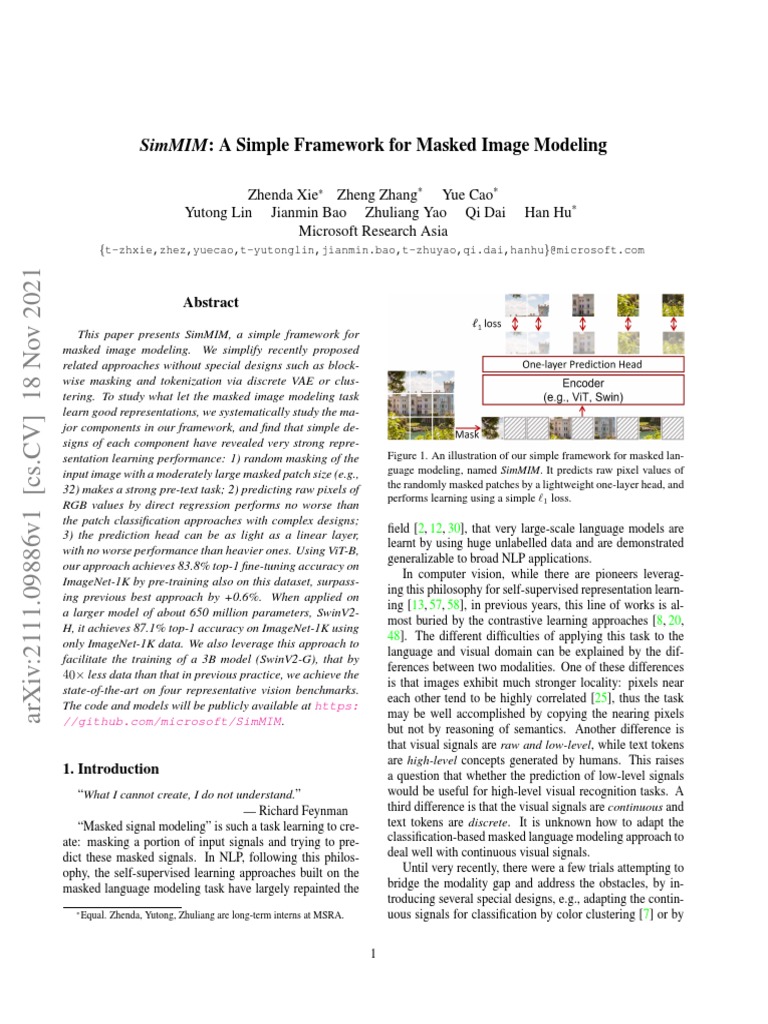Simmim: A Simple Framework For Masked Image Modeling | PDF | Data ...