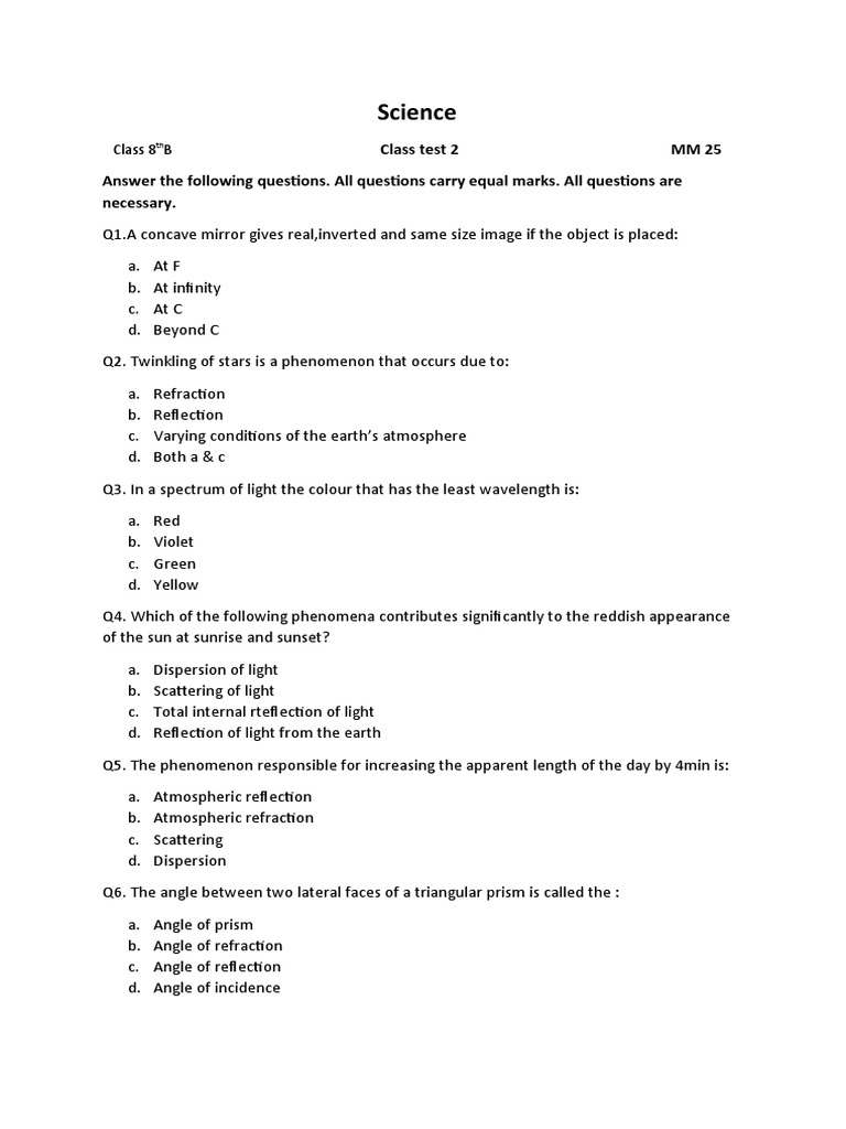 Science Test 2 | PDF | Chlorine | Prism